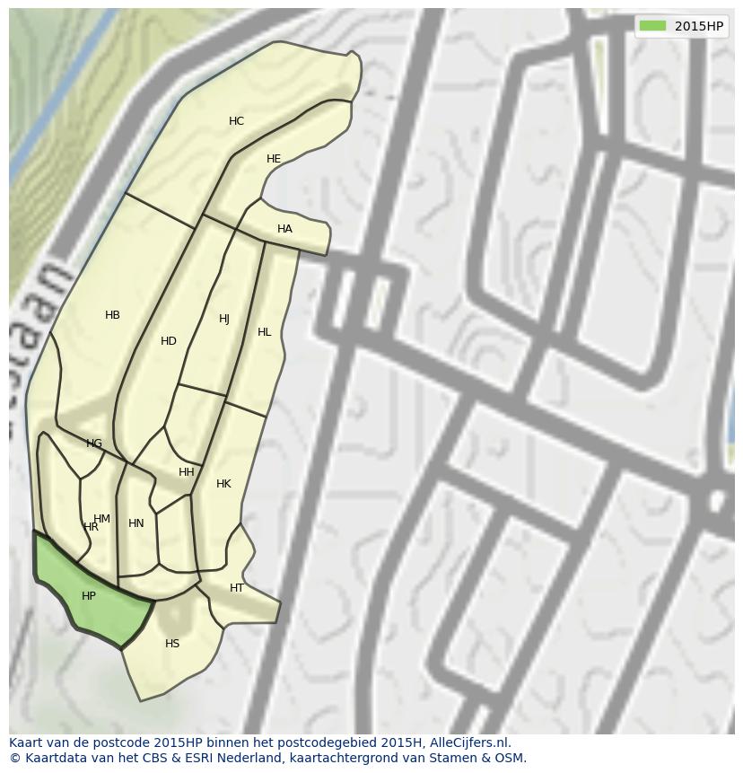 Afbeelding van het postcodegebied 2015 HP op de kaart.