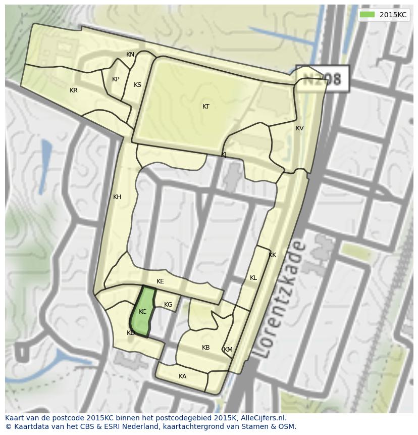 Afbeelding van het postcodegebied 2015 KC op de kaart.