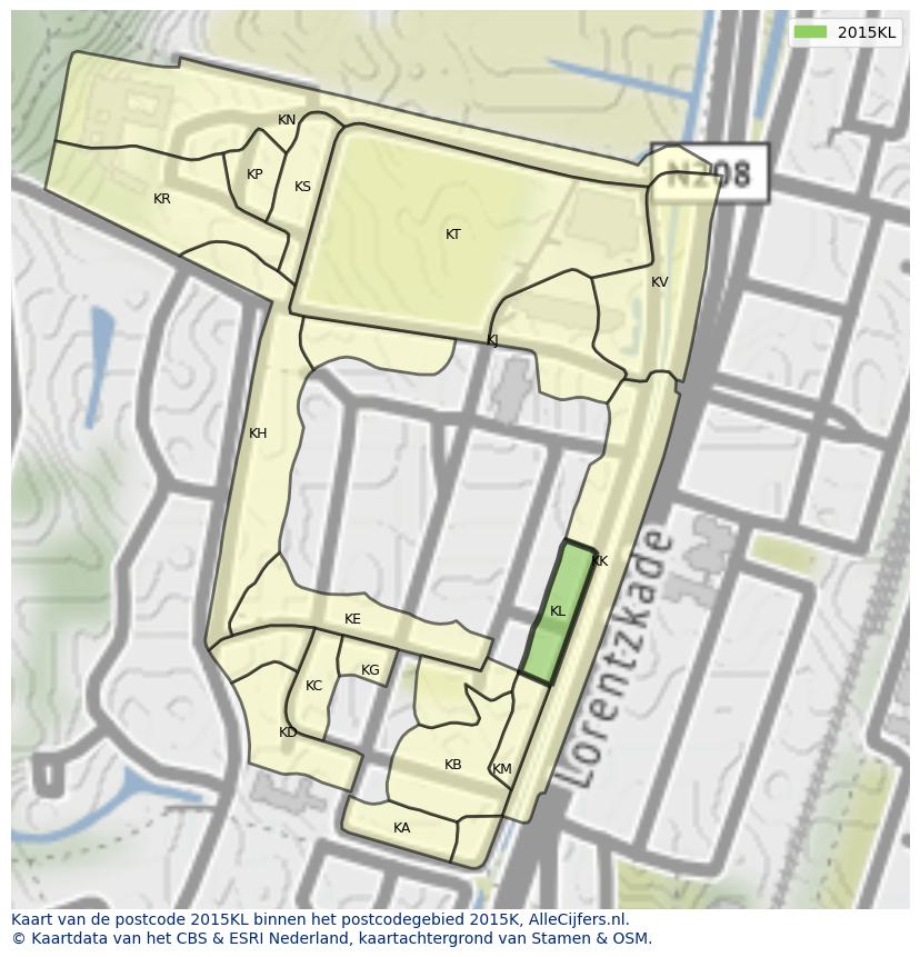 Afbeelding van het postcodegebied 2015 KL op de kaart.