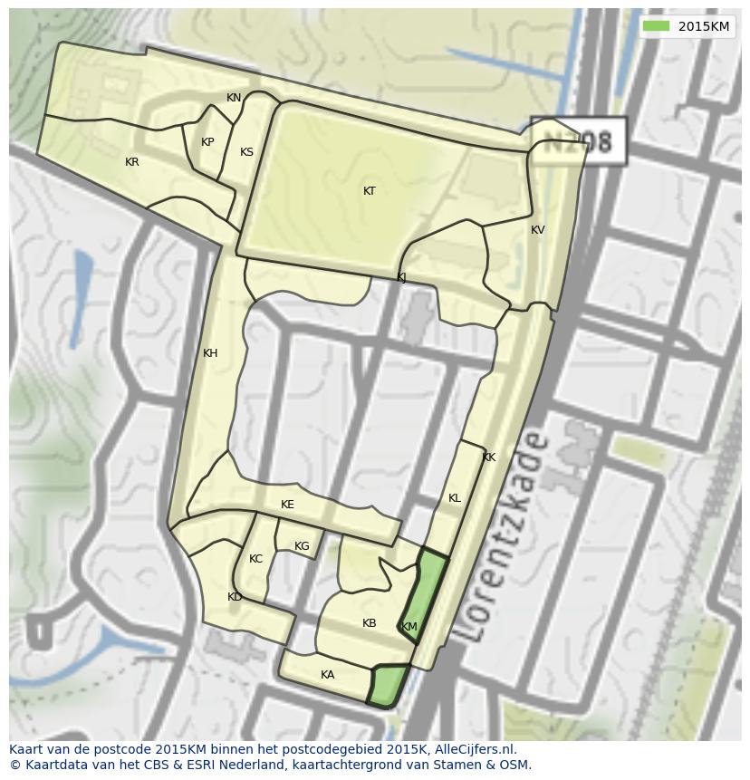 Afbeelding van het postcodegebied 2015 KM op de kaart.