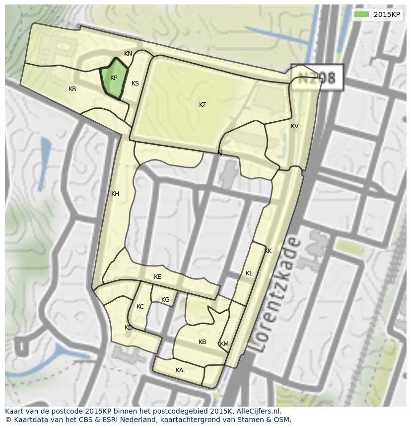 Afbeelding van het postcodegebied 2015 KP op de kaart.