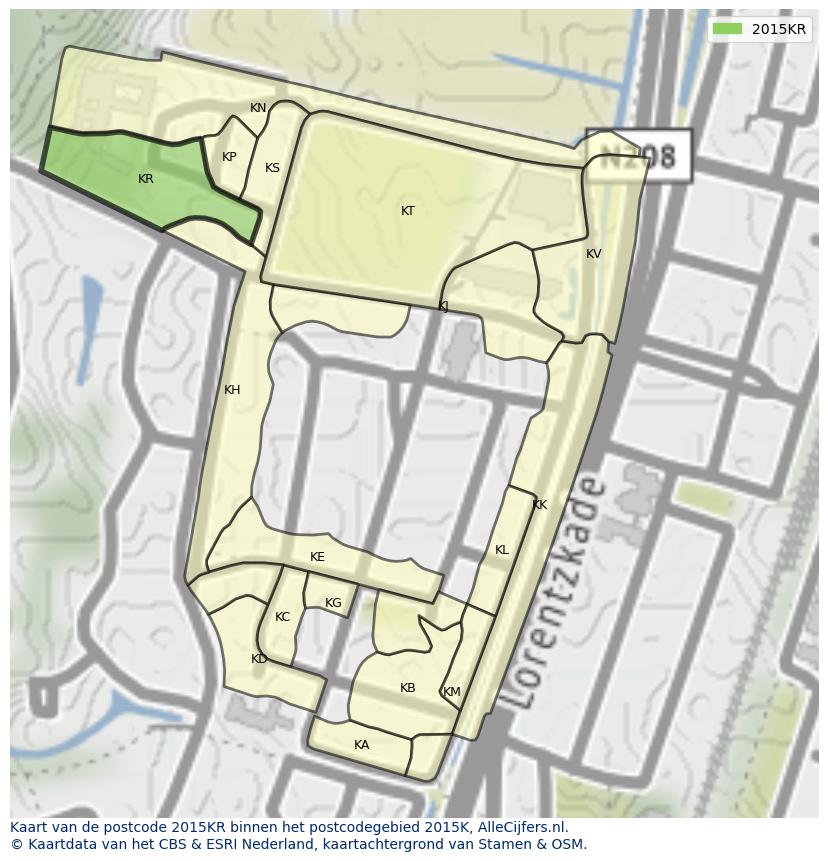 Afbeelding van het postcodegebied 2015 KR op de kaart.