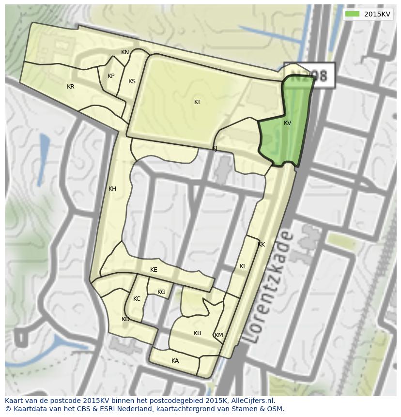 Afbeelding van het postcodegebied 2015 KV op de kaart.