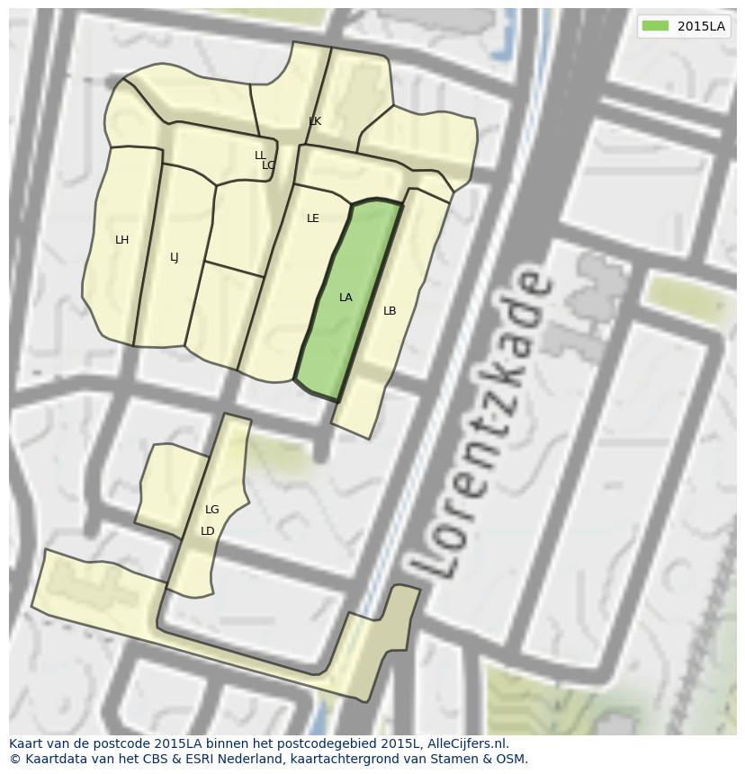 Afbeelding van het postcodegebied 2015 LA op de kaart.