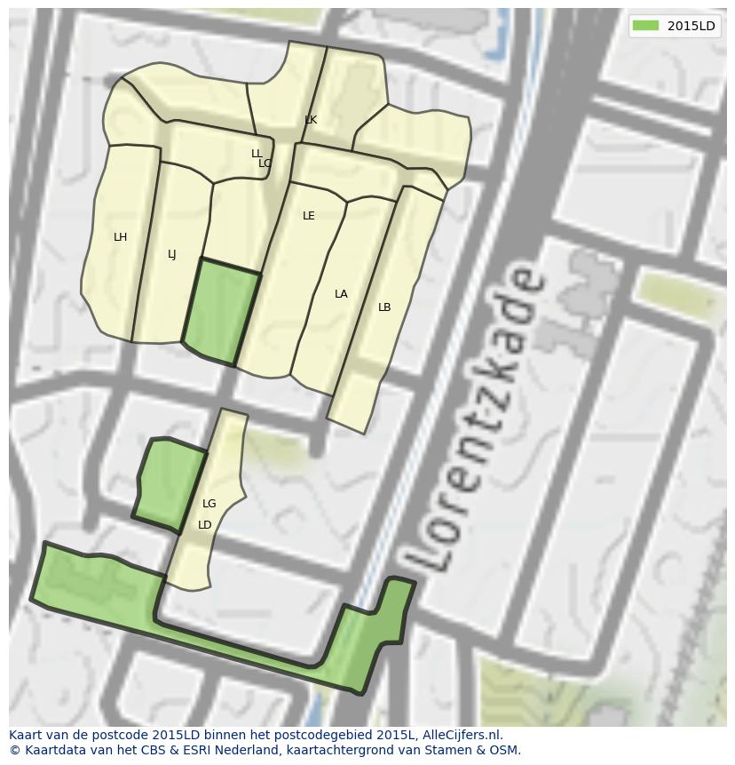 Afbeelding van het postcodegebied 2015 LD op de kaart.