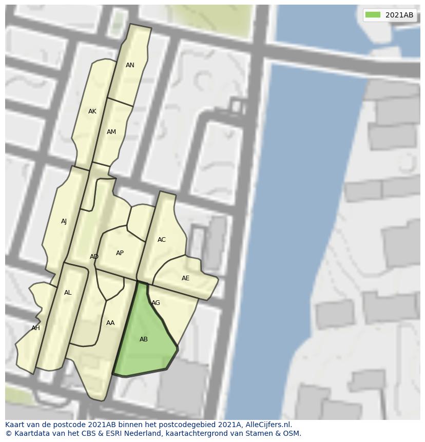 Afbeelding van het postcodegebied 2021 AB op de kaart.