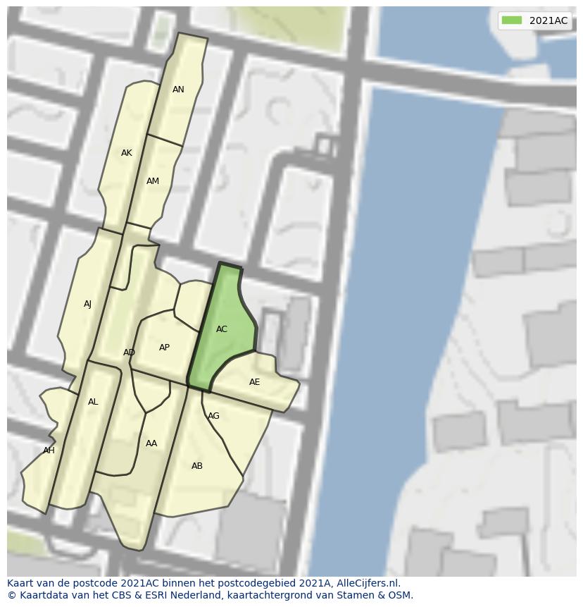 Afbeelding van het postcodegebied 2021 AC op de kaart.