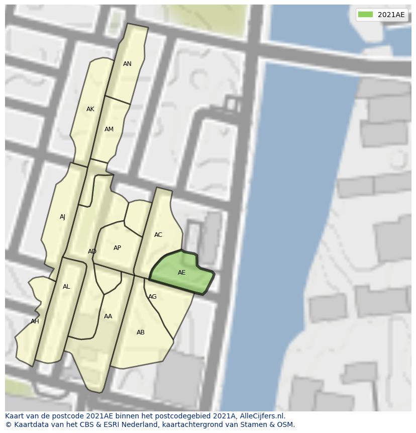 Afbeelding van het postcodegebied 2021 AE op de kaart.