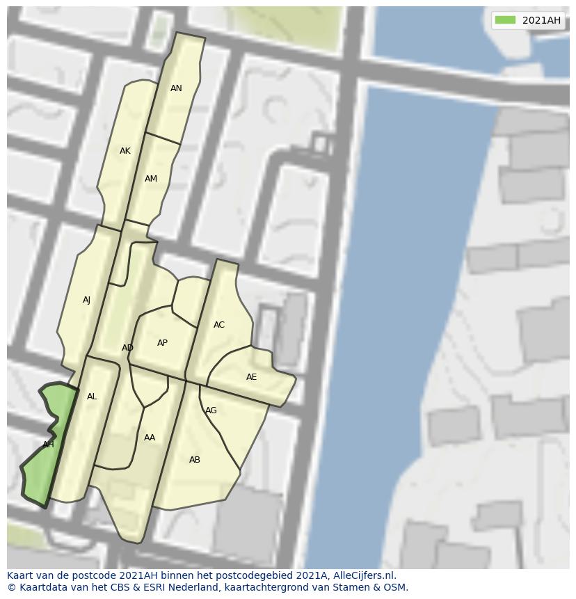Afbeelding van het postcodegebied 2021 AH op de kaart.