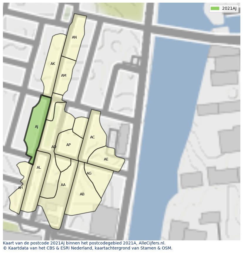 Afbeelding van het postcodegebied 2021 AJ op de kaart.