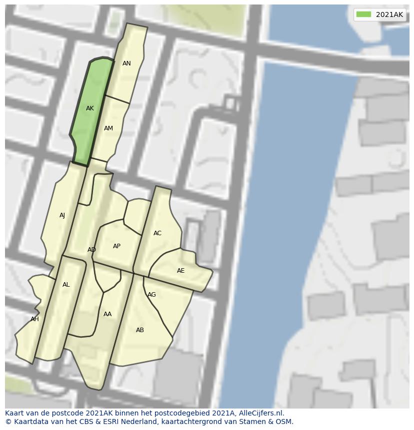 Afbeelding van het postcodegebied 2021 AK op de kaart.