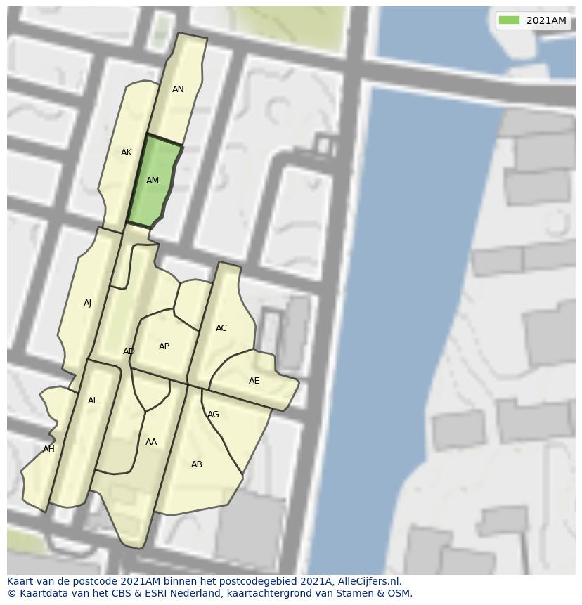 Afbeelding van het postcodegebied 2021 AM op de kaart.