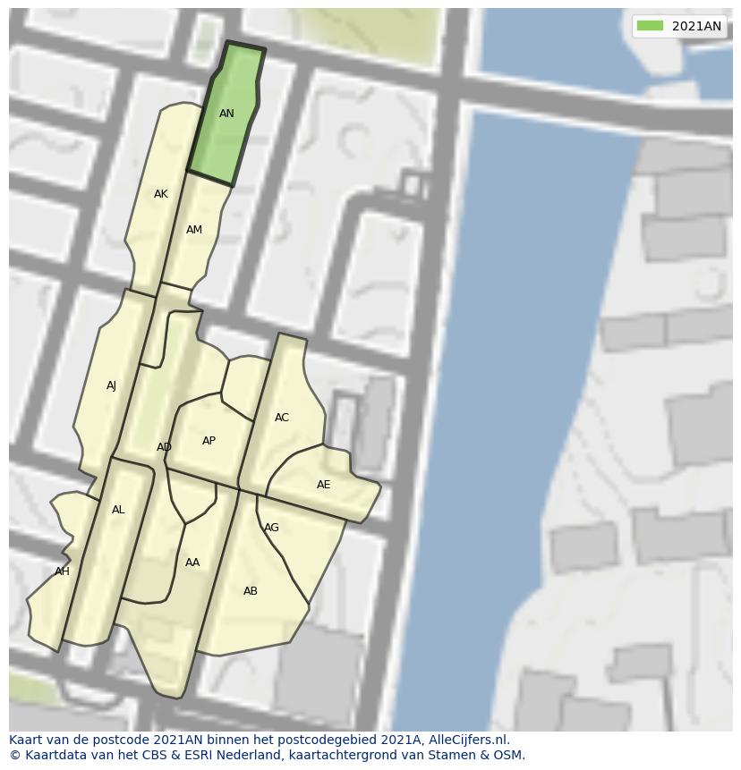 Afbeelding van het postcodegebied 2021 AN op de kaart.