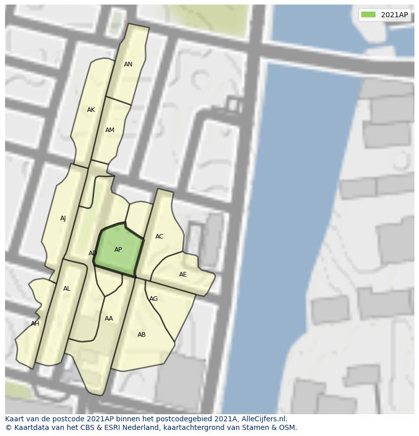Afbeelding van het postcodegebied 2021 AP op de kaart.
