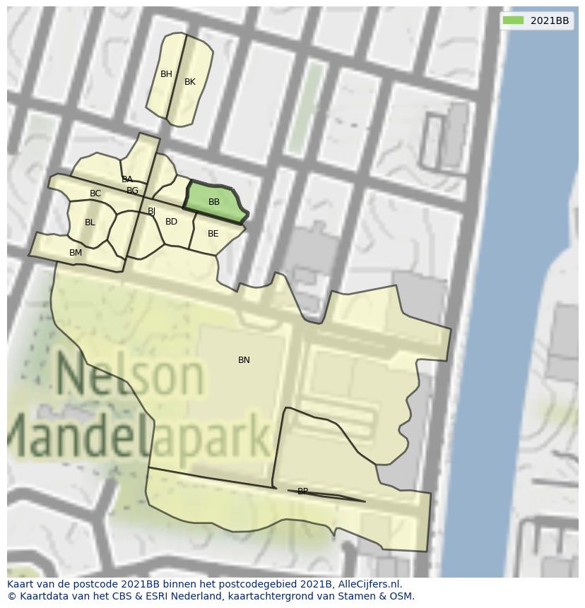 Afbeelding van het postcodegebied 2021 BB op de kaart.