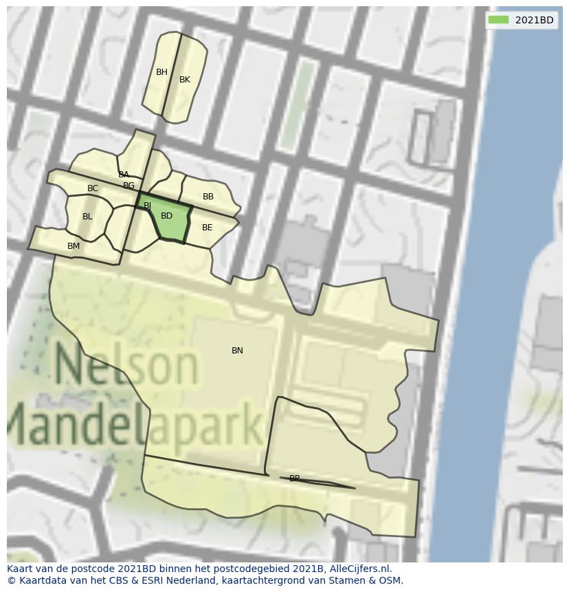 Afbeelding van het postcodegebied 2021 BD op de kaart.