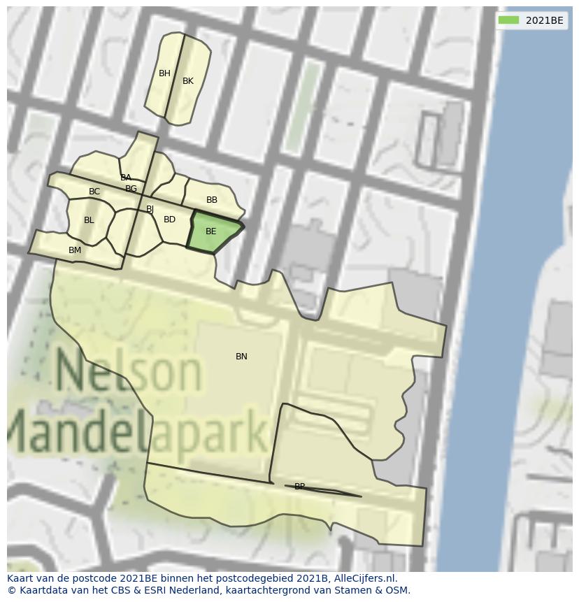 Afbeelding van het postcodegebied 2021 BE op de kaart.