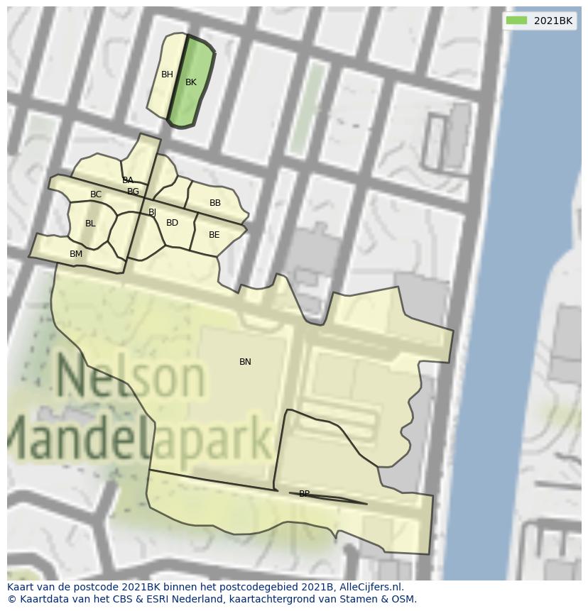 Afbeelding van het postcodegebied 2021 BK op de kaart.