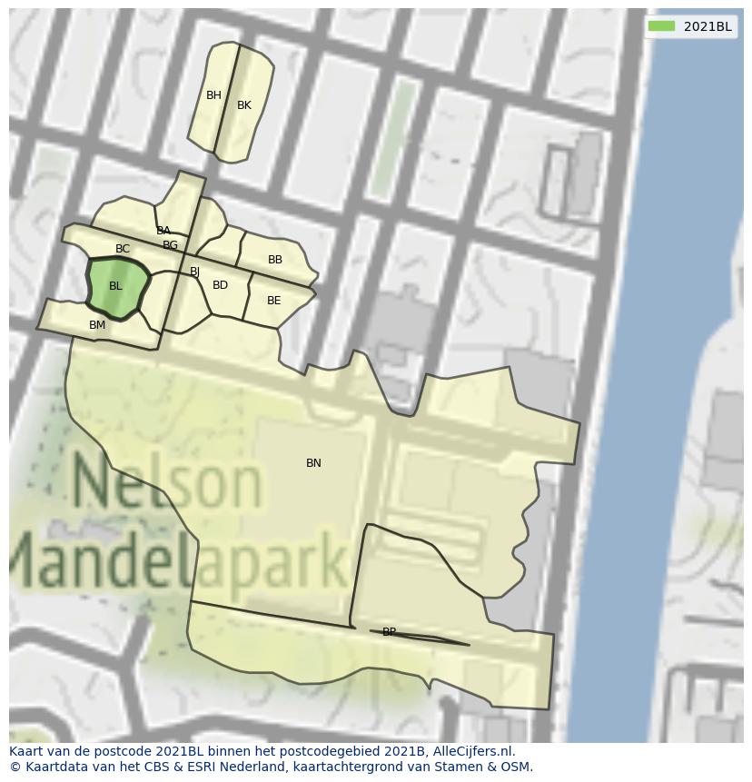 Afbeelding van het postcodegebied 2021 BL op de kaart.