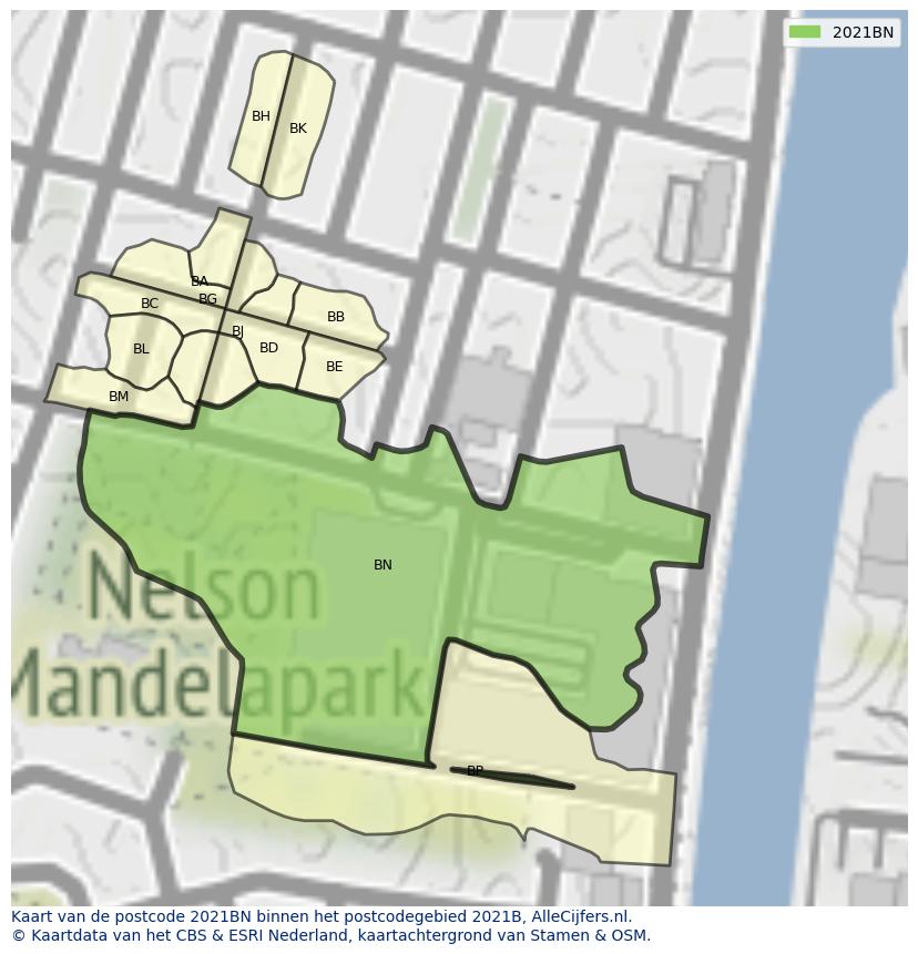 Afbeelding van het postcodegebied 2021 BN op de kaart.