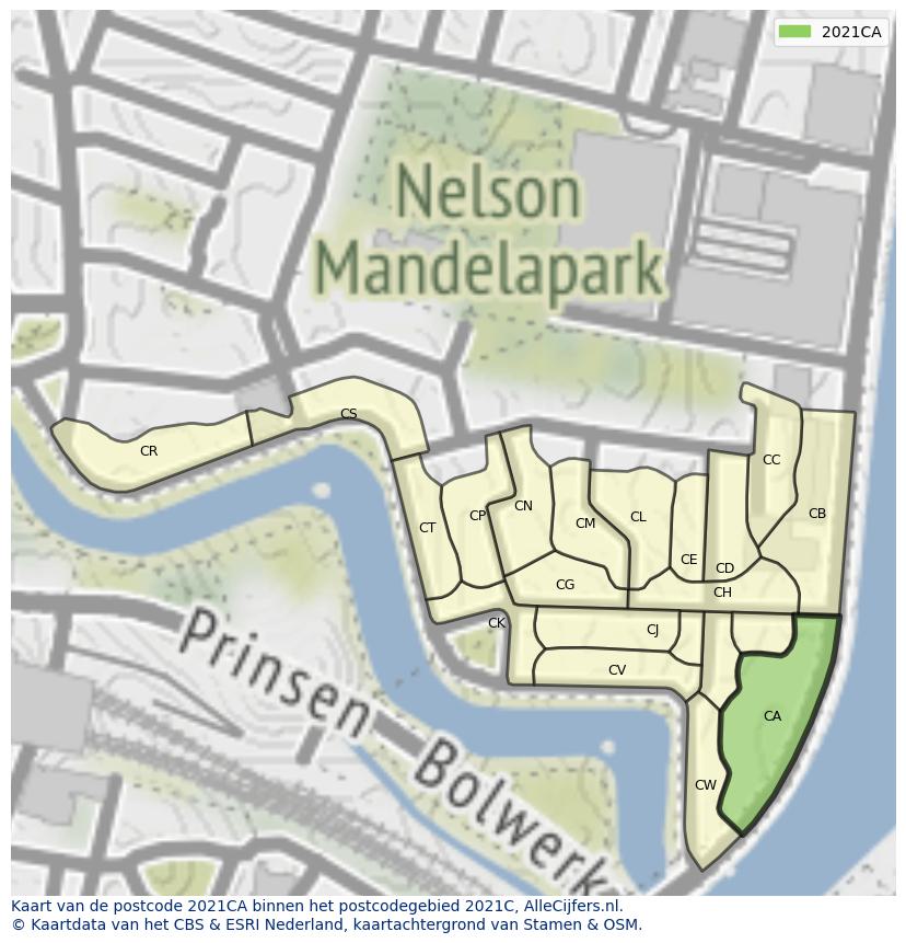 Afbeelding van het postcodegebied 2021 CA op de kaart.