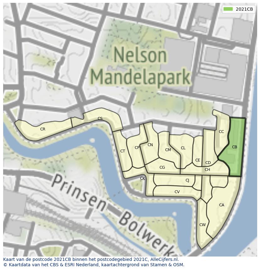 Afbeelding van het postcodegebied 2021 CB op de kaart.