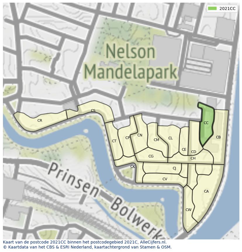 Afbeelding van het postcodegebied 2021 CC op de kaart.