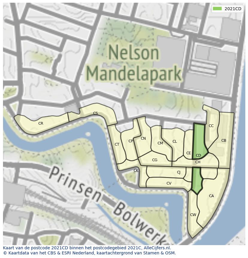 Afbeelding van het postcodegebied 2021 CD op de kaart.