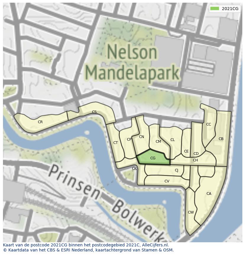 Afbeelding van het postcodegebied 2021 CG op de kaart.