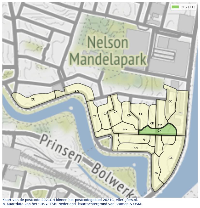 Afbeelding van het postcodegebied 2021 CH op de kaart.