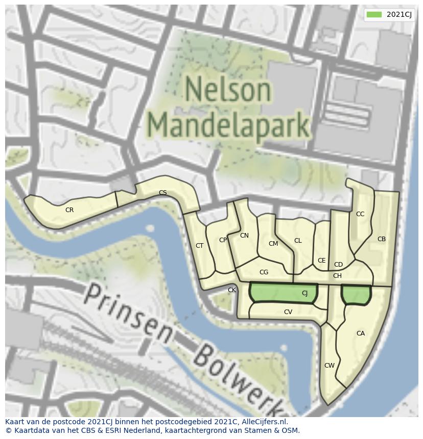 Afbeelding van het postcodegebied 2021 CJ op de kaart.