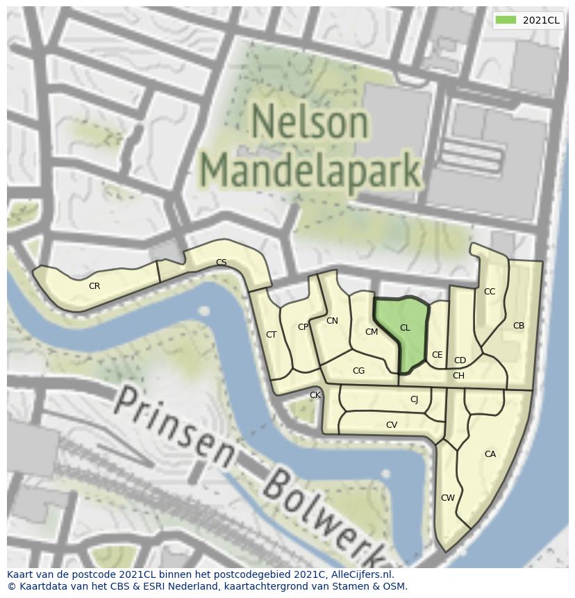 Afbeelding van het postcodegebied 2021 CL op de kaart.