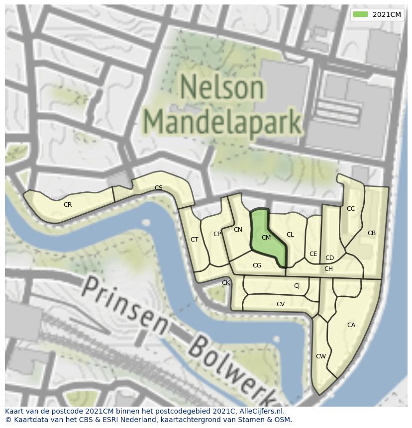 Afbeelding van het postcodegebied 2021 CM op de kaart.