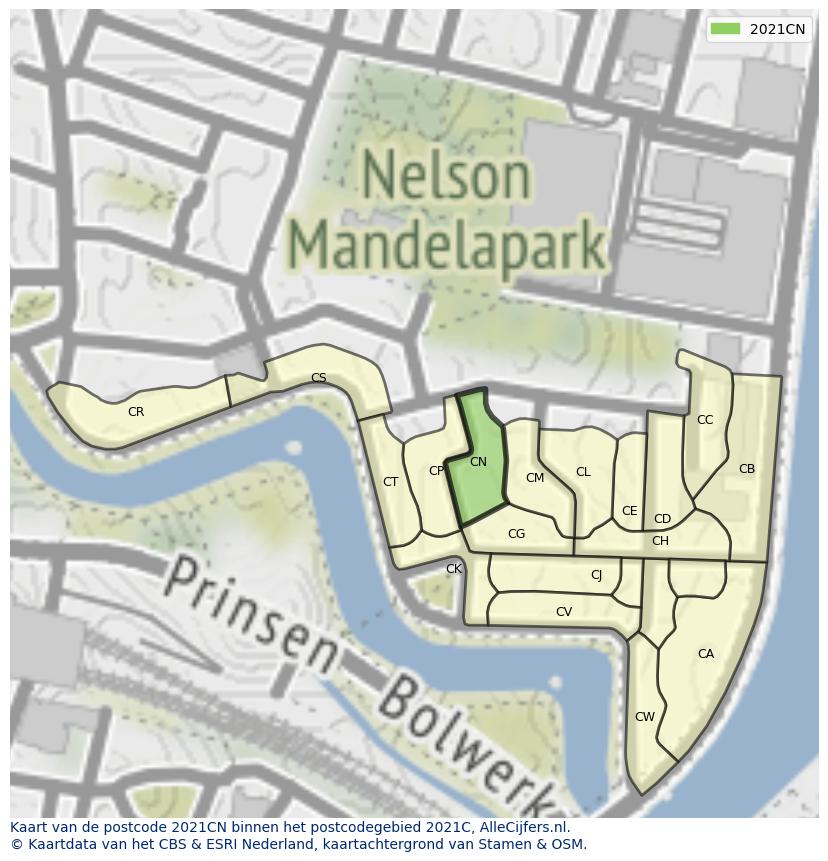 Afbeelding van het postcodegebied 2021 CN op de kaart.