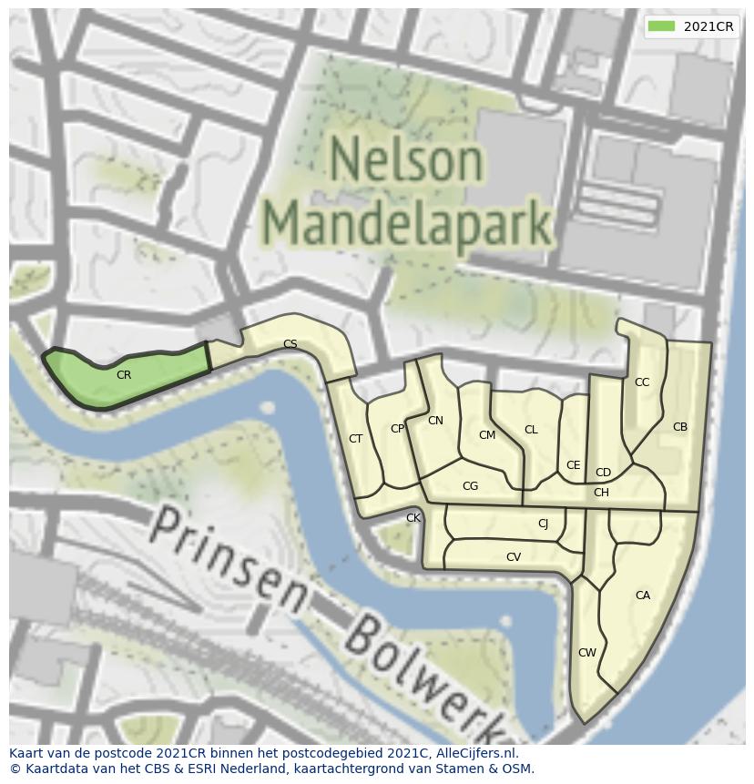 Afbeelding van het postcodegebied 2021 CR op de kaart.