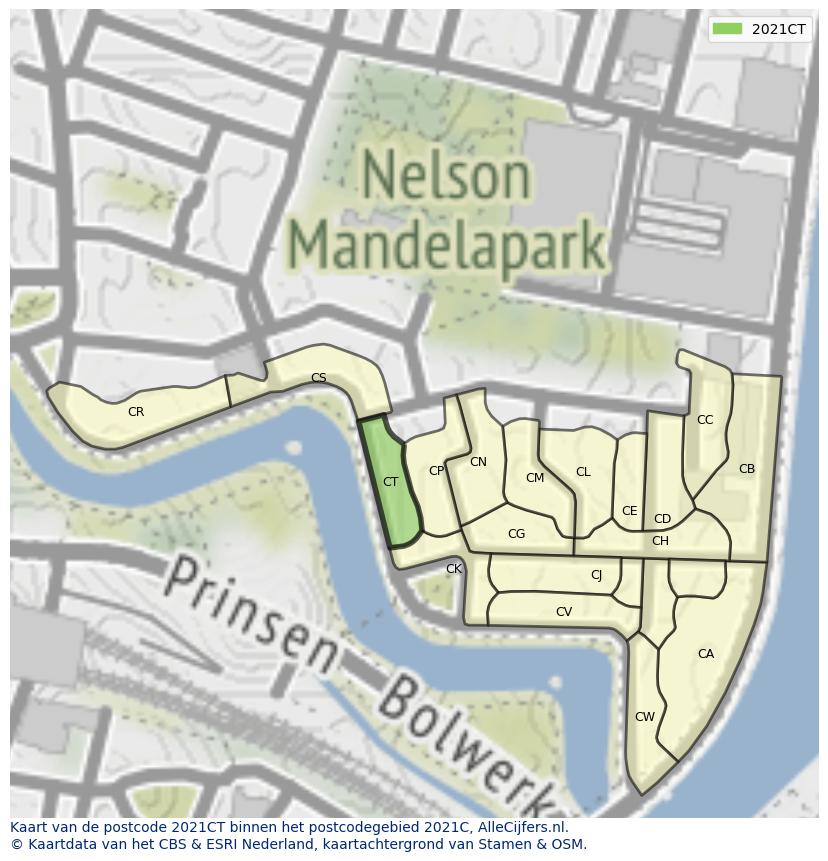 Afbeelding van het postcodegebied 2021 CT op de kaart.