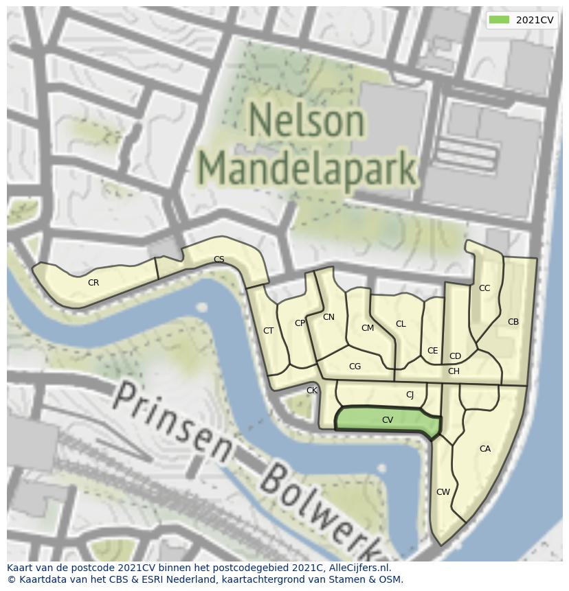 Afbeelding van het postcodegebied 2021 CV op de kaart.