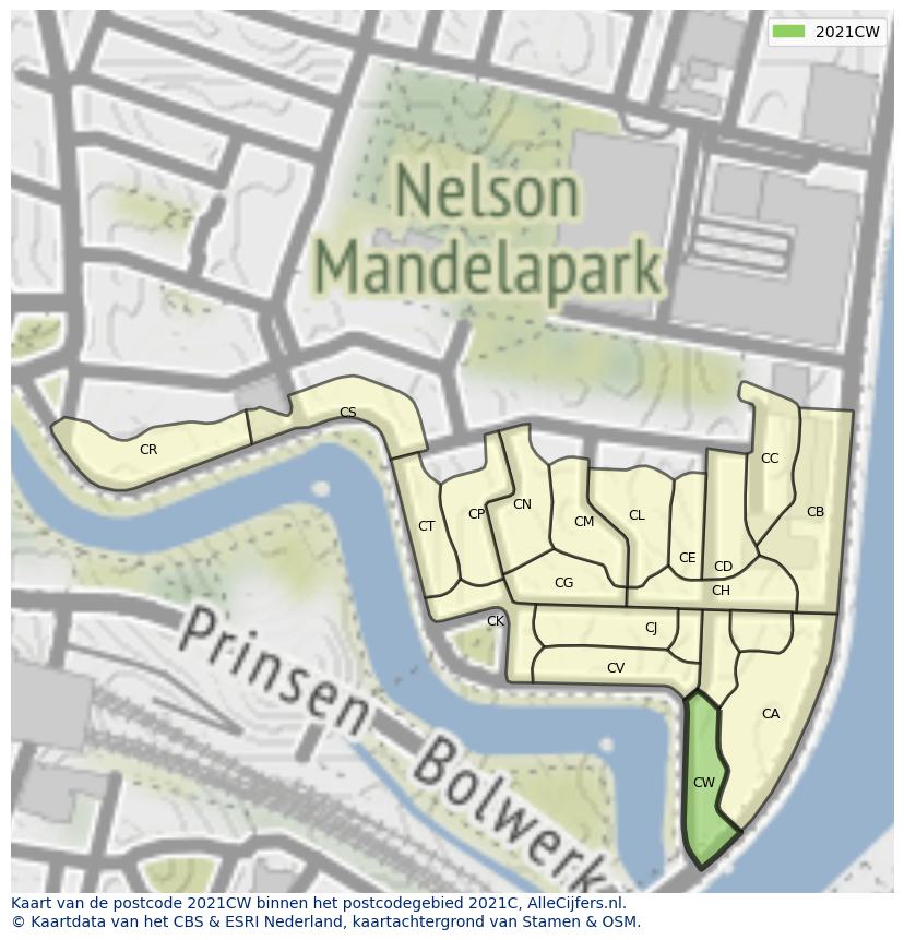Afbeelding van het postcodegebied 2021 CW op de kaart.