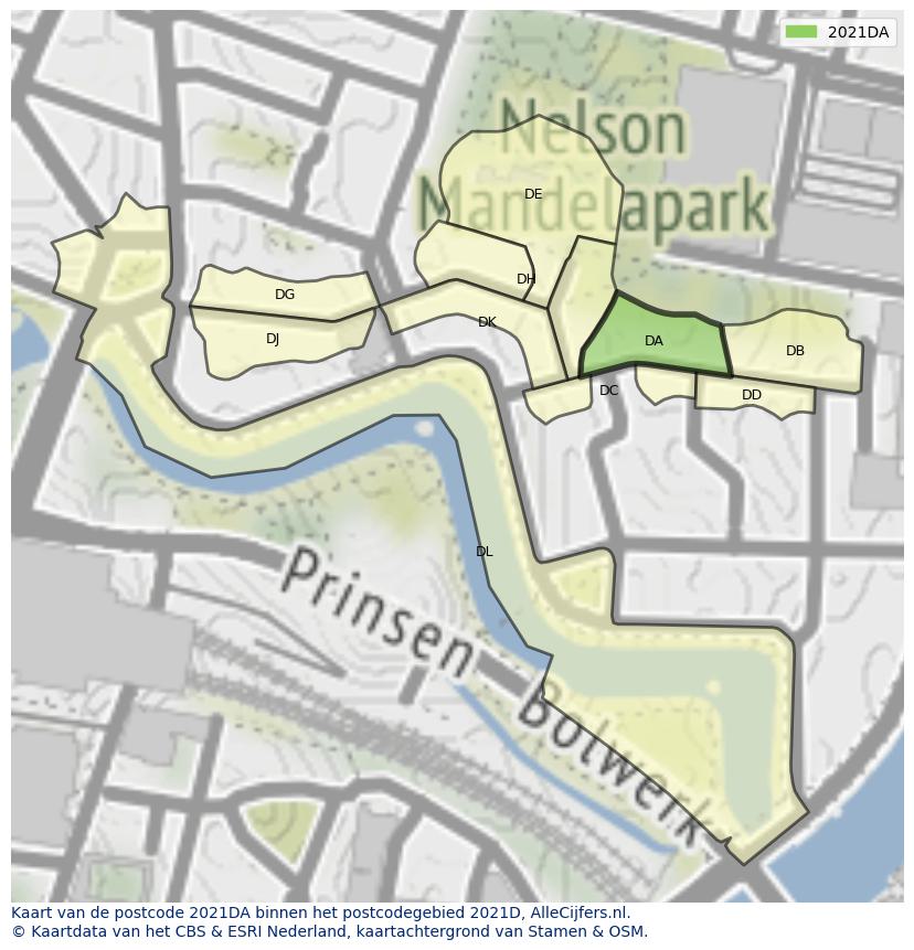 Afbeelding van het postcodegebied 2021 DA op de kaart.