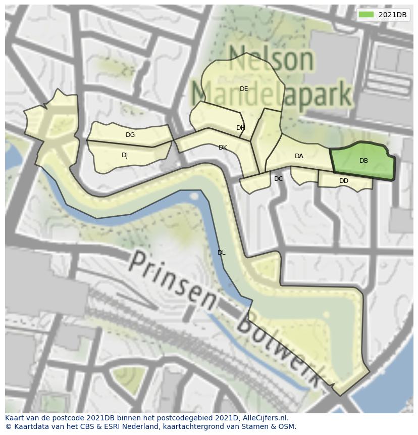 Afbeelding van het postcodegebied 2021 DB op de kaart.