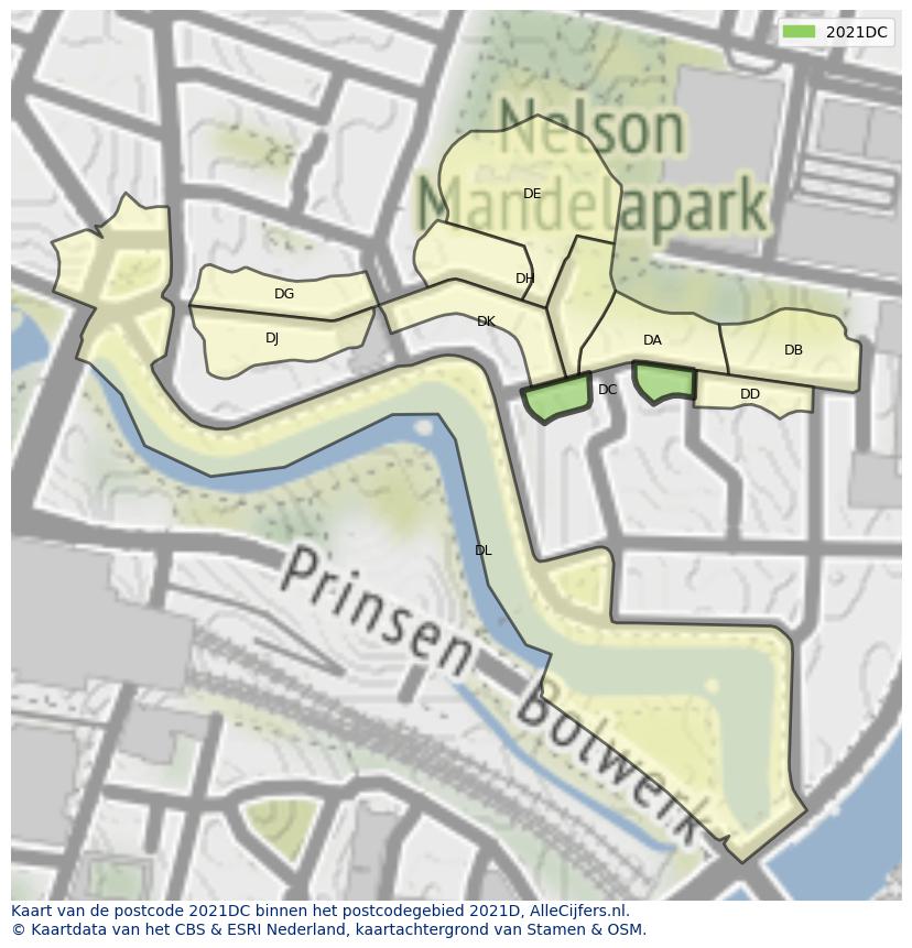 Afbeelding van het postcodegebied 2021 DC op de kaart.