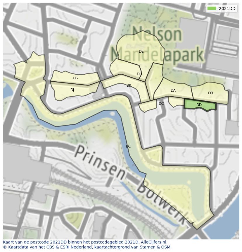 Afbeelding van het postcodegebied 2021 DD op de kaart.