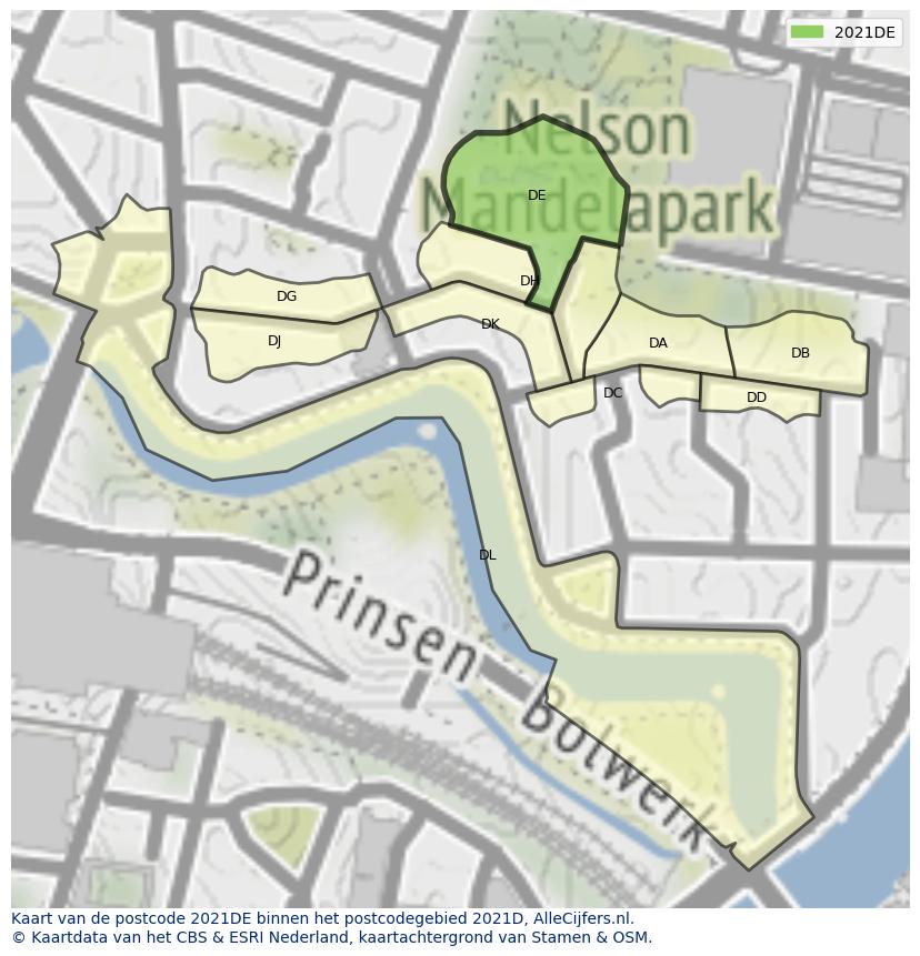 Afbeelding van het postcodegebied 2021 DE op de kaart.