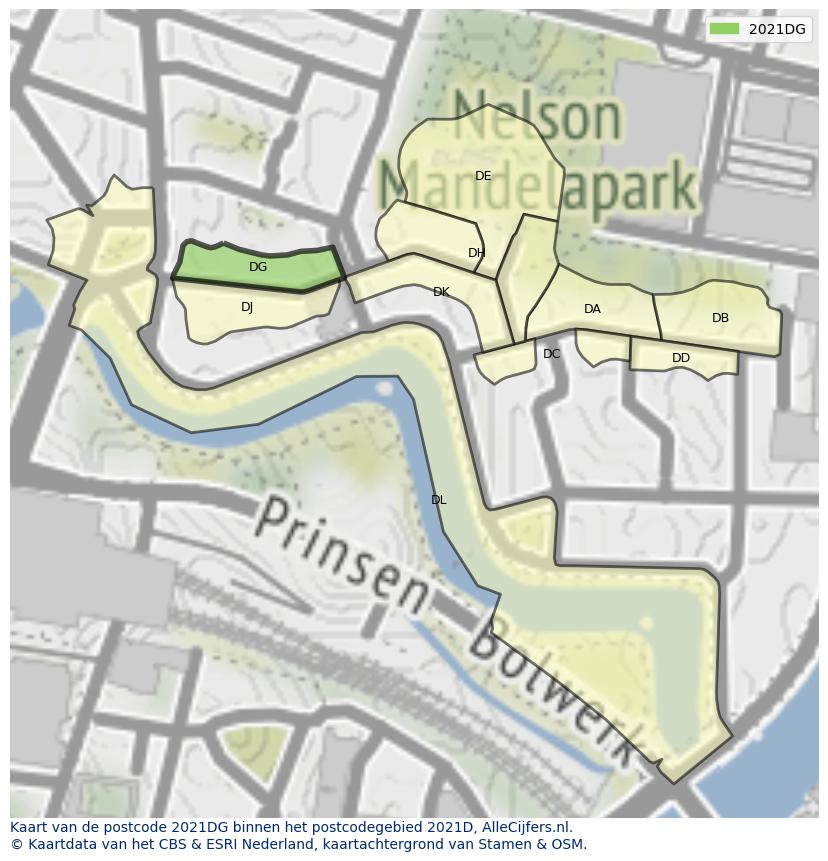 Afbeelding van het postcodegebied 2021 DG op de kaart.