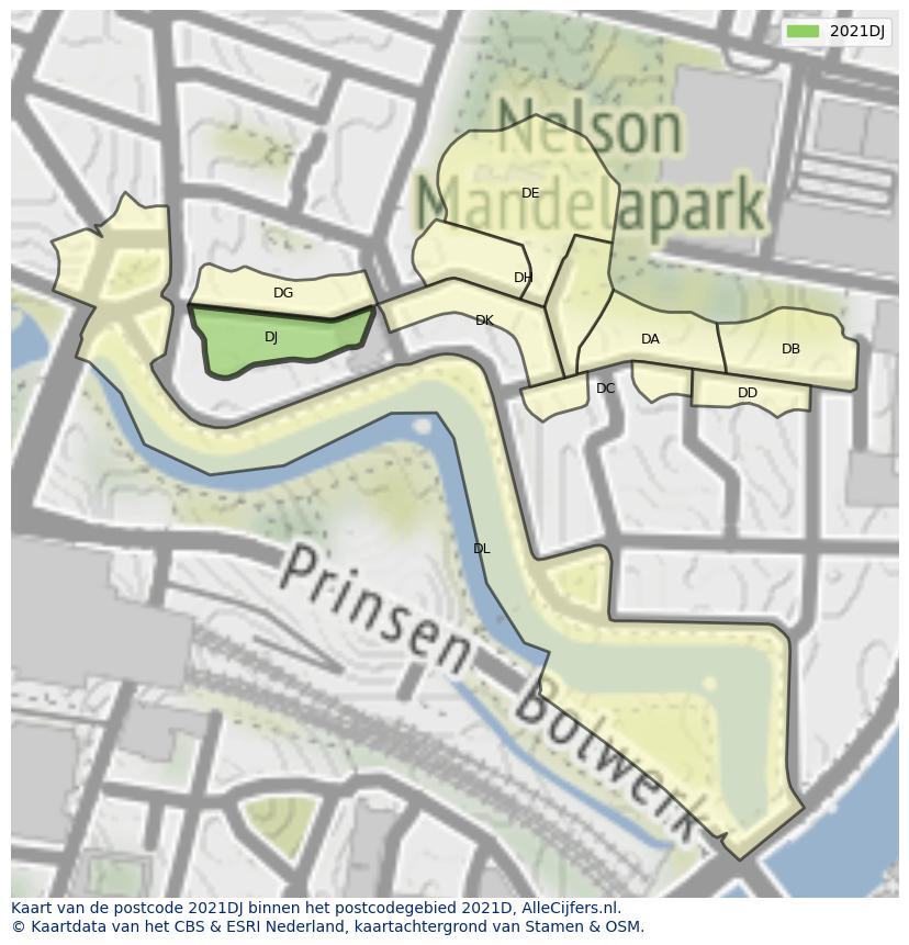 Afbeelding van het postcodegebied 2021 DJ op de kaart.
