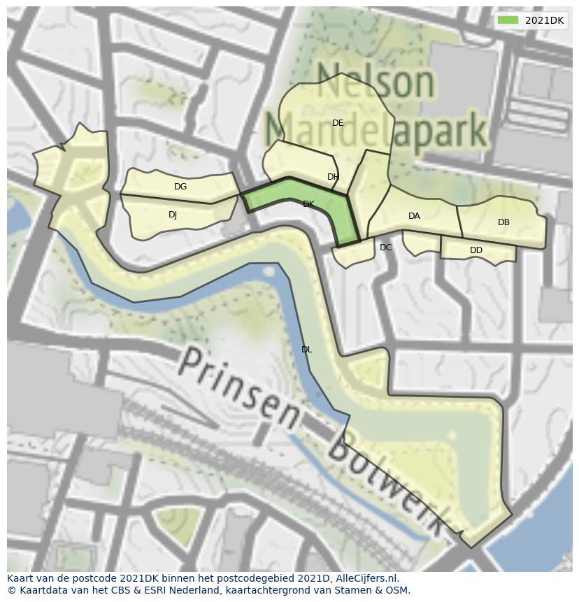 Afbeelding van het postcodegebied 2021 DK op de kaart.