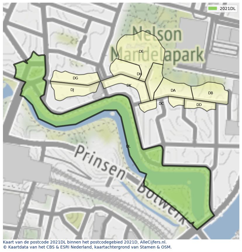 Afbeelding van het postcodegebied 2021 DL op de kaart.