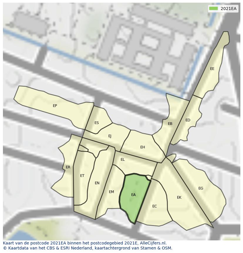 Afbeelding van het postcodegebied 2021 EA op de kaart.