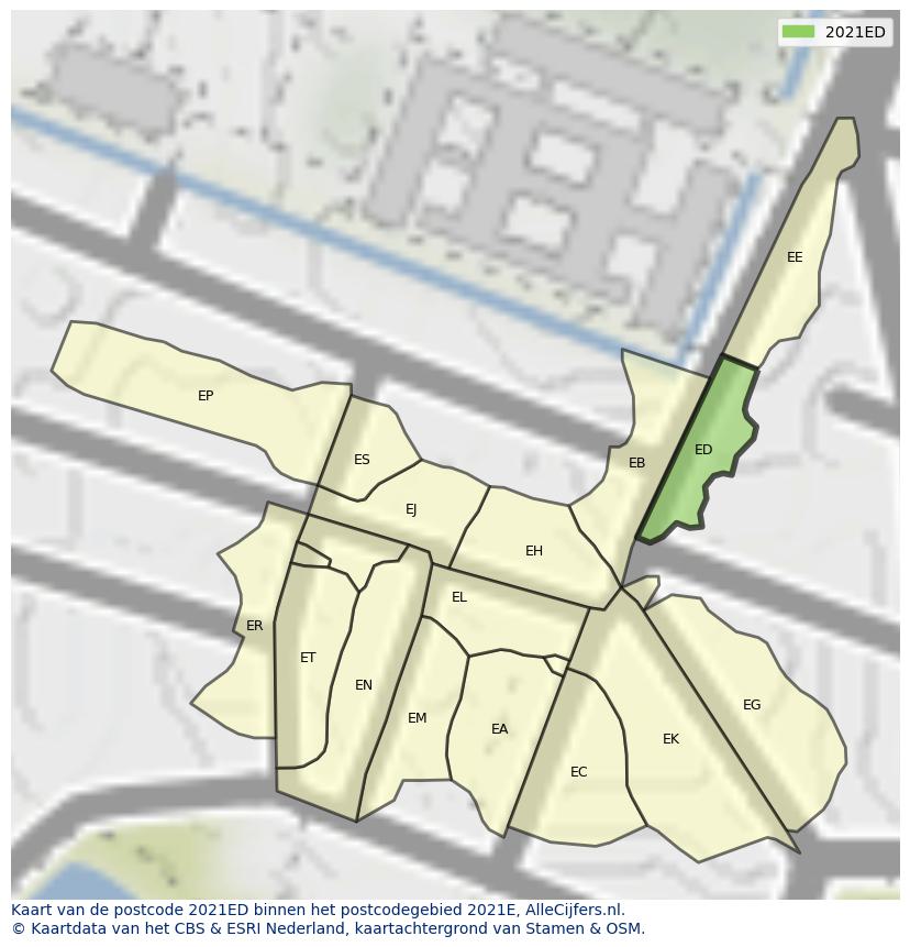 Afbeelding van het postcodegebied 2021 ED op de kaart.