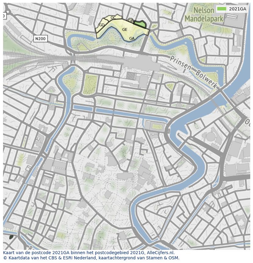 Afbeelding van het postcodegebied 2021 GA op de kaart.